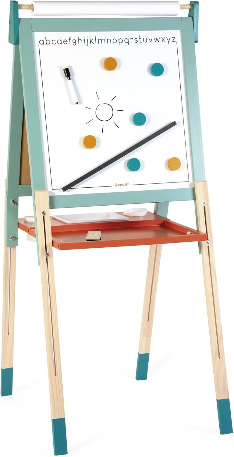 Janod Tableau chevalet double face (ardoise + magnétique) – 23 accessoires