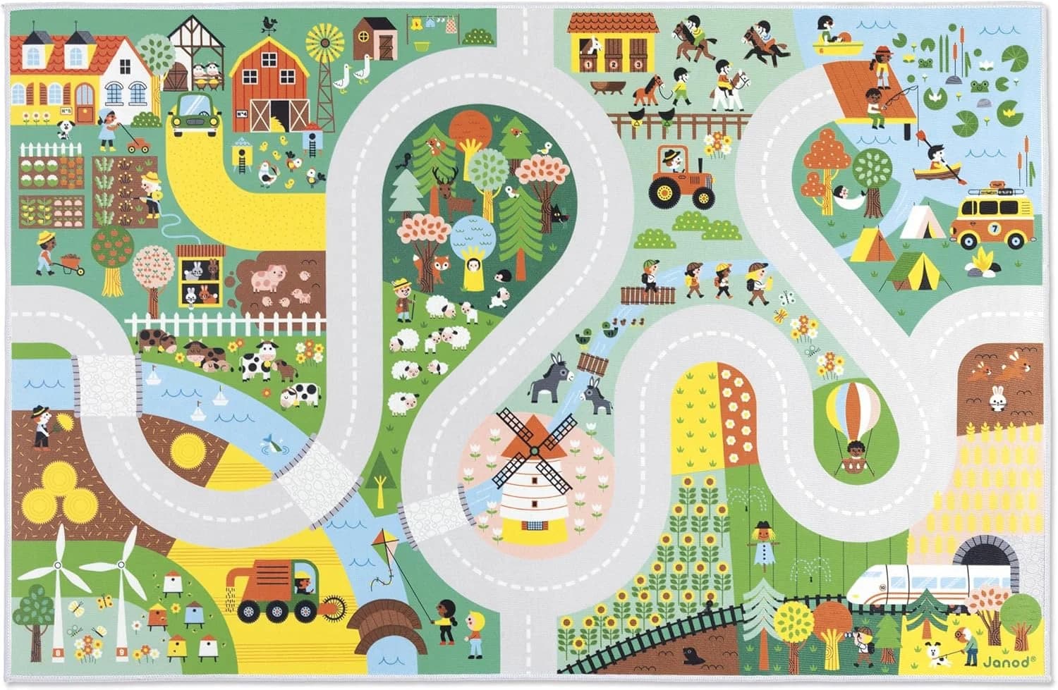 Janod Tapis voiture enfant Campagne (ferme/forêt) – circuit 120×78 cm antidérapant (dès 2 ans)