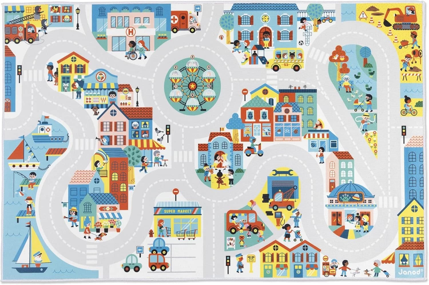 Janod Tapis voiture enfant Ville – circuit 120×78 cm antidérapant (dès 2 ans)
