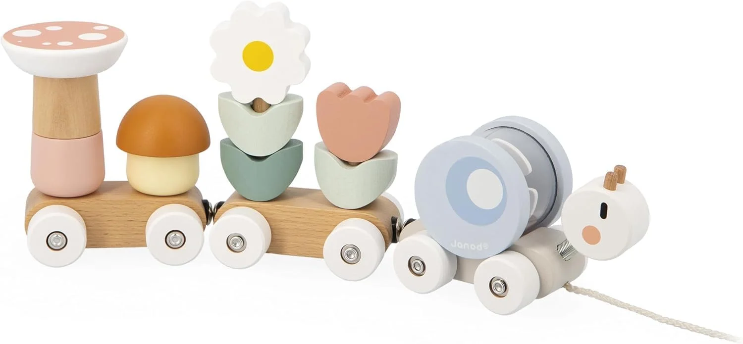 Janod Train à tirer escargot + 2 wagons (12m+)