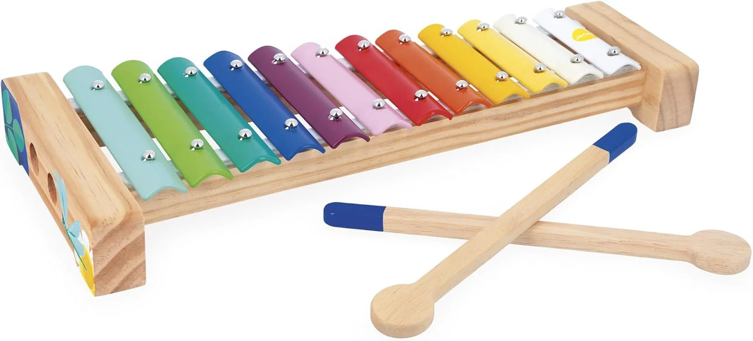 Janod Xylophone enfant en bois et métal – 12 notes + 2 baguettes (dès 18 mois)