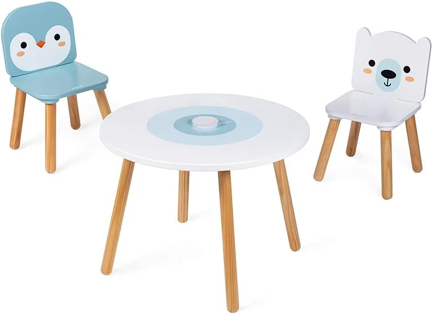 Juratoys Janod - Table ronde enfant + 2 chaises Banquise (ours & pingouin) avec pot à crayons