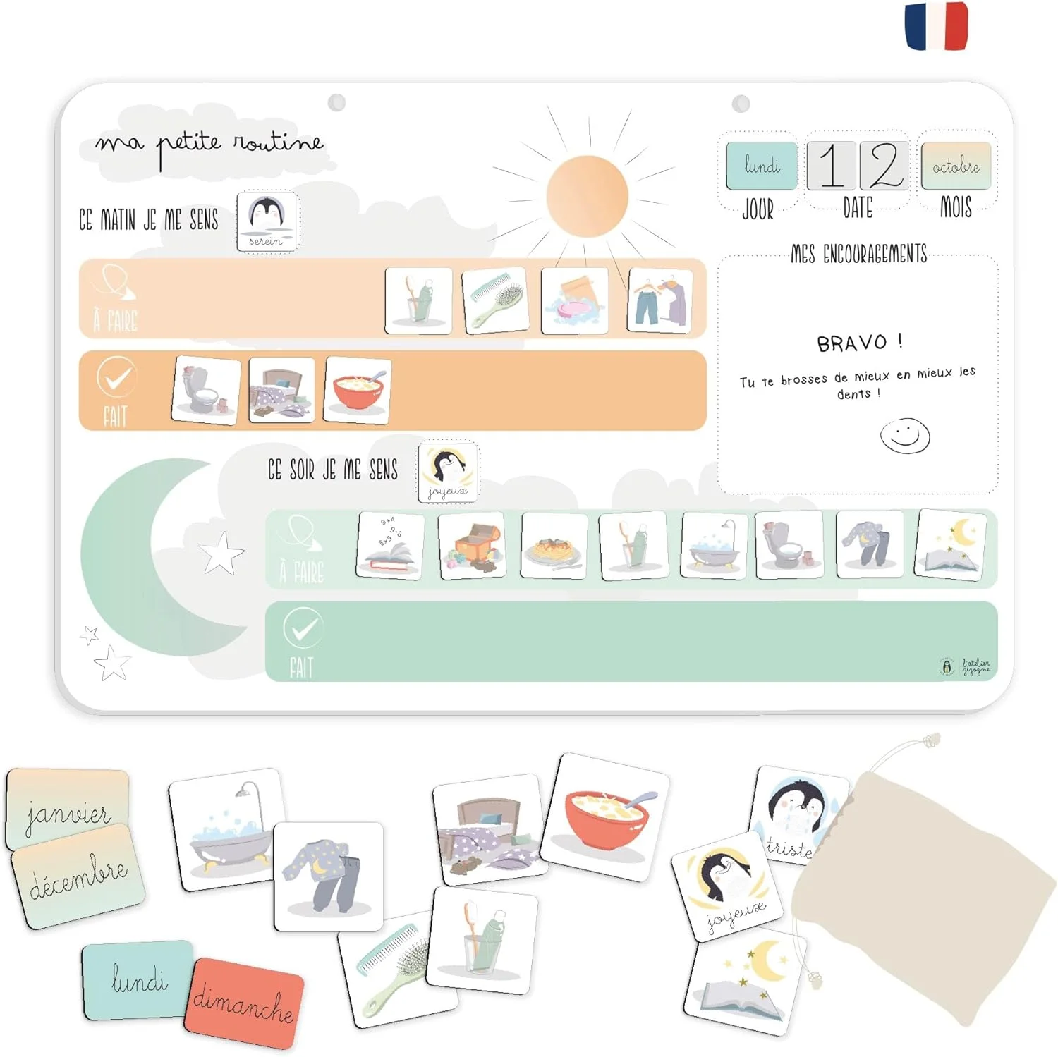 L'Atelier Gigogne Tableau de routine enfant Montessori magnétique