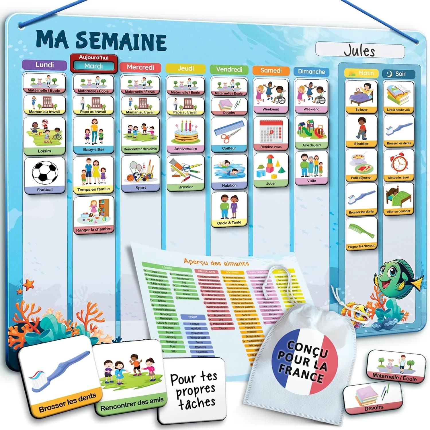 LIKARTO Tableau enfant 2-en-1 - Semainier et routine 188 aimants