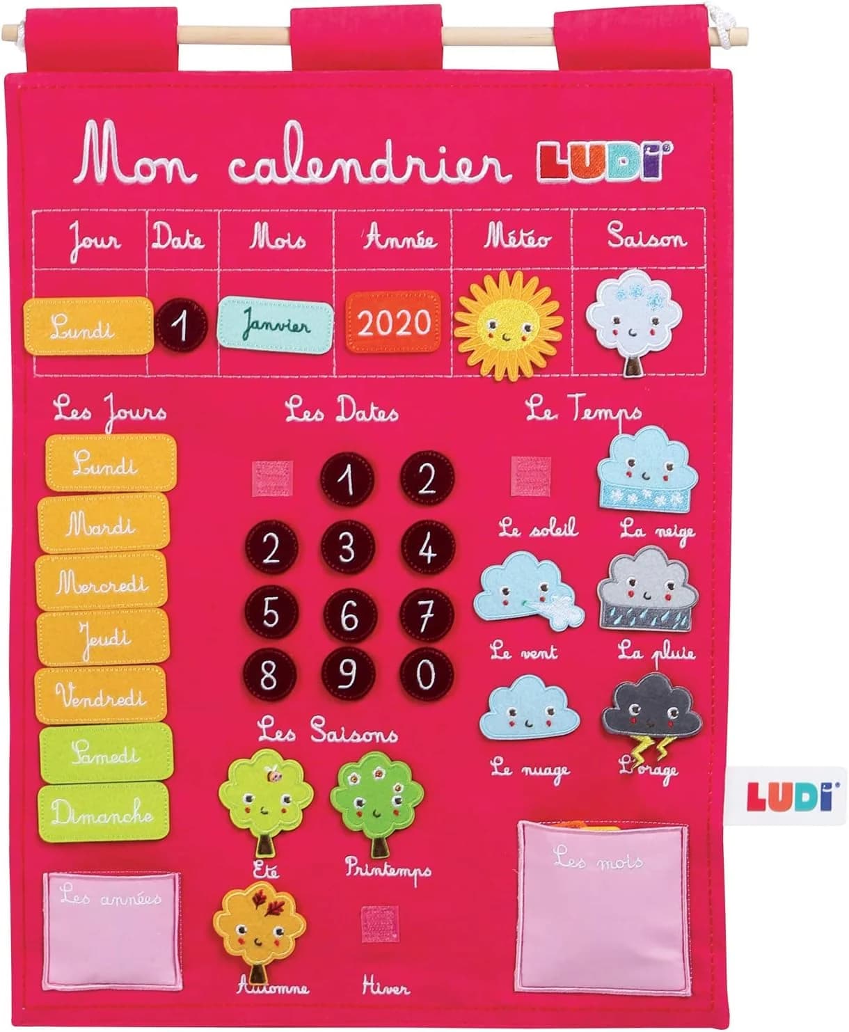 Ludi calendrier éducatif rose en tissu dès 3 ans