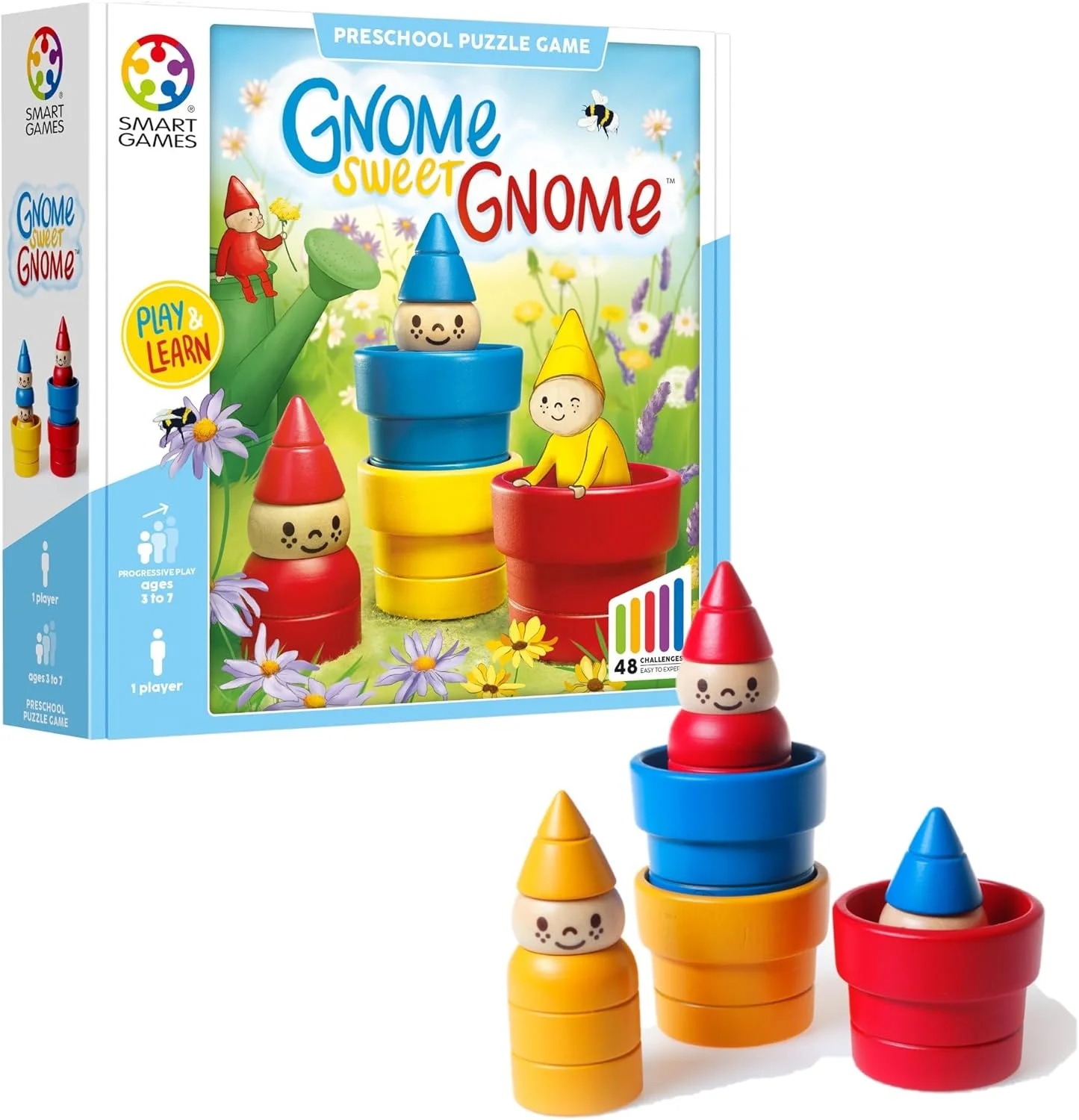SmartGames – GNOME Sweet GNOME - Brainstorming éducatif - Jeu de stratégie Multi-Niveaux et renforcement des compétences - Jeu de logique et de pensée - 3 Ans + - 1 Joueur - Anglais - SG 038 – 48 défis – 3-7 ans